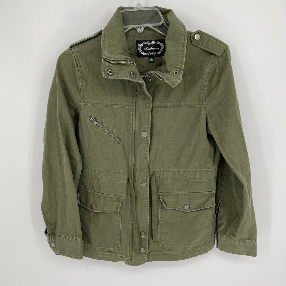 Ambiance Women's Green Snap Zip Up Utility Military Canvas Field Jacket Size M